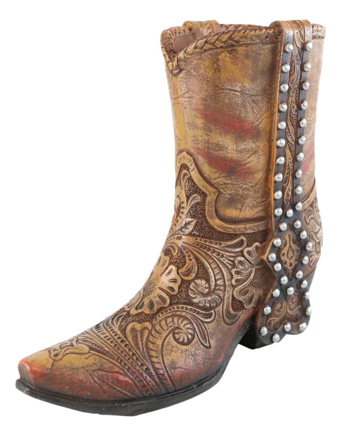 Ebros Gift Rustic Western Brown Nailheads Floral Paisley Scroll Cowboy Boot Vase Figurine