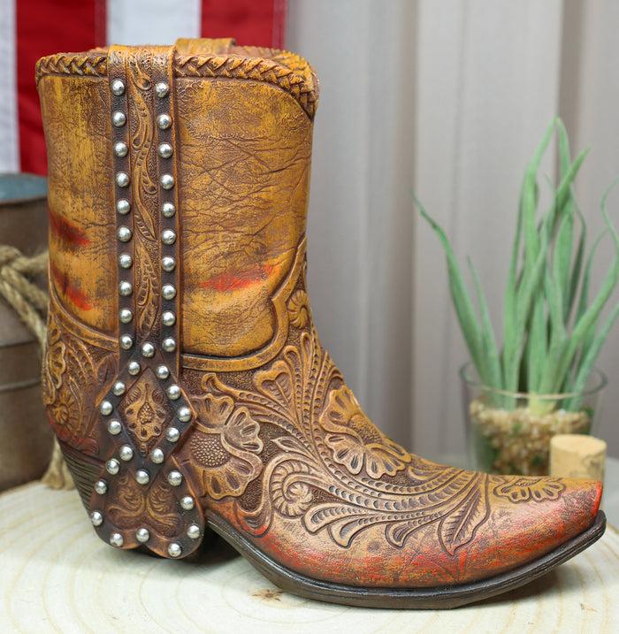ebros gift Rustic Western Brown Nailheads Floral Paisley Scroll Cowboy Boot Vase Figurine