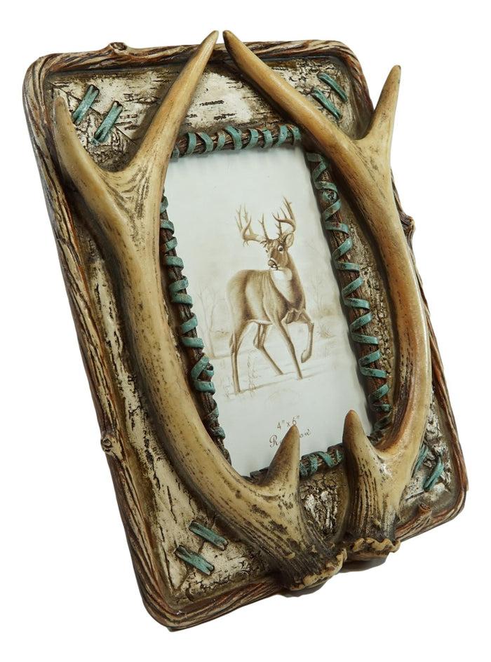 Ebros Gift Rustic Western Buckhorn Stag Deer Antlers Easel Back 4X6 Picture Frame Sculpture