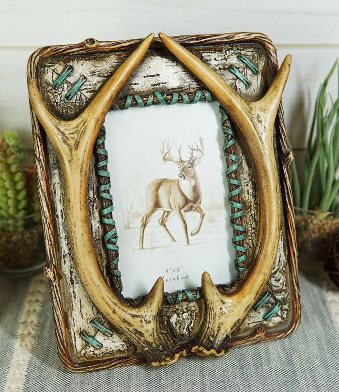 ebros gift Rustic Western Buckhorn Stag Deer Antlers Easel Back 4X6 Picture Frame Sculpture