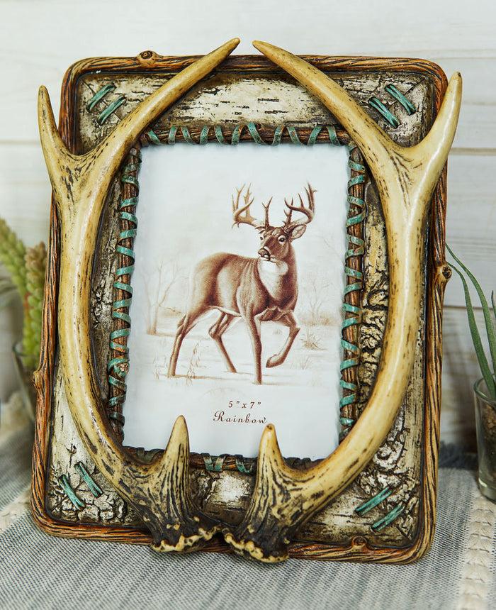 ebros gift Rustic Western Buckhorn Stag Deer Antlers Easel Back 5X7 Picture Frame Sculpture