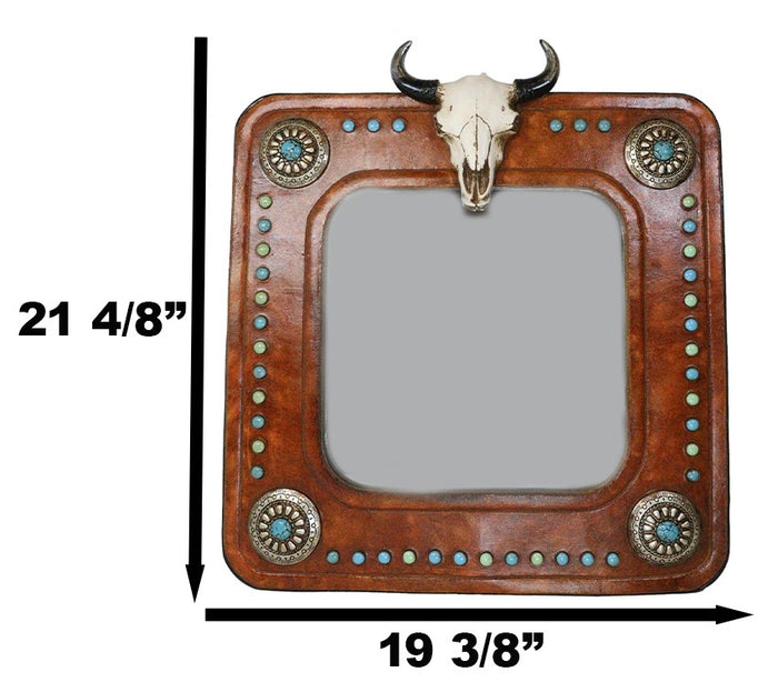 Ebros Gift Rustic Western Bull Cow Skull And Turquoise Silver Conchos Faux Leather Mirror