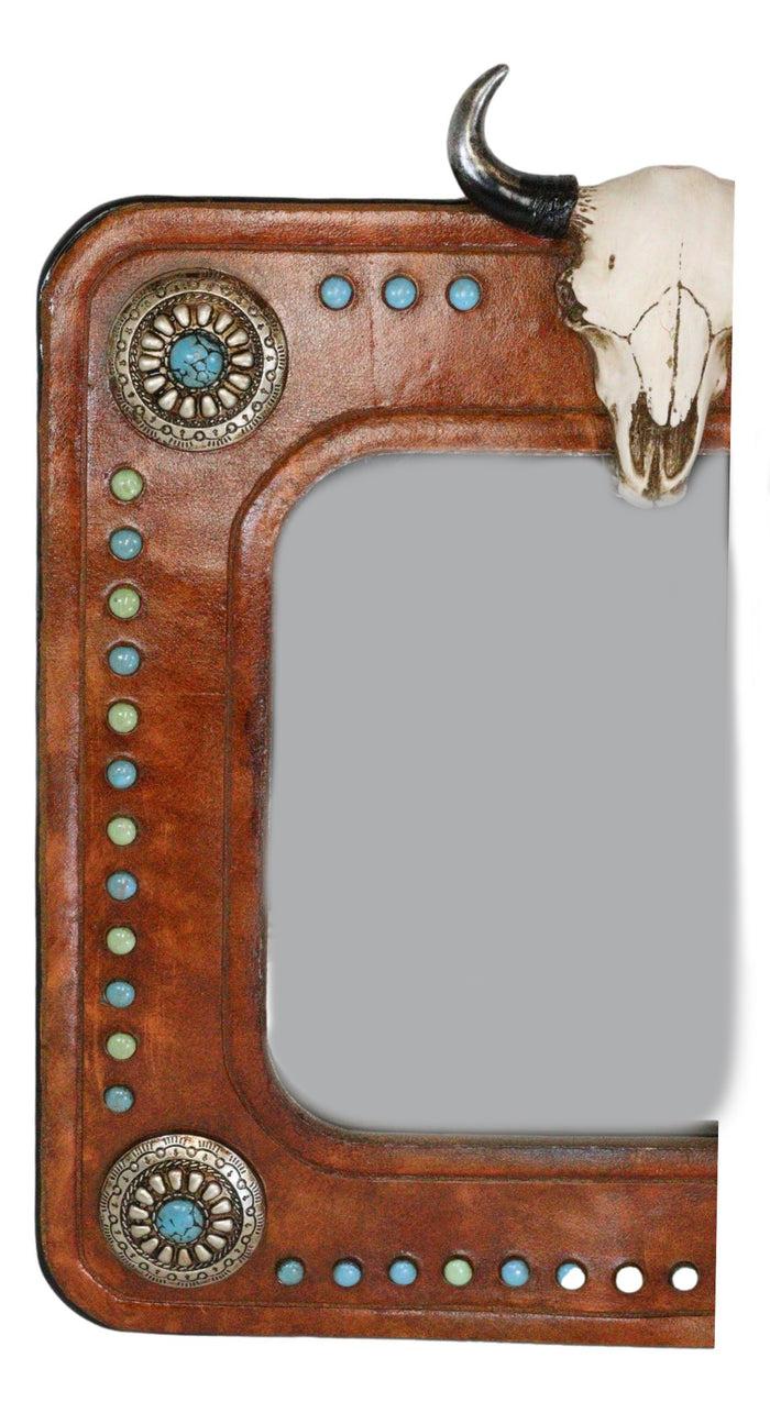 Ebros Gift Rustic Western Bull Cow Skull And Turquoise Silver Conchos Faux Leather Mirror