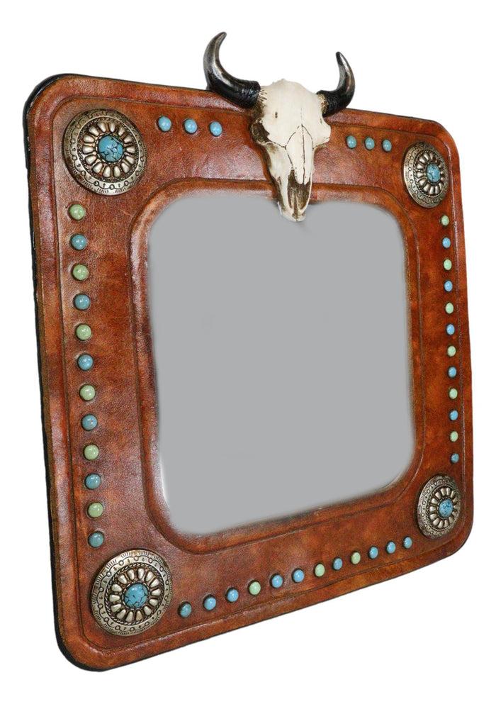 Ebros Gift Rustic Western Bull Cow Skull And Turquoise Silver Conchos Faux Leather Mirror