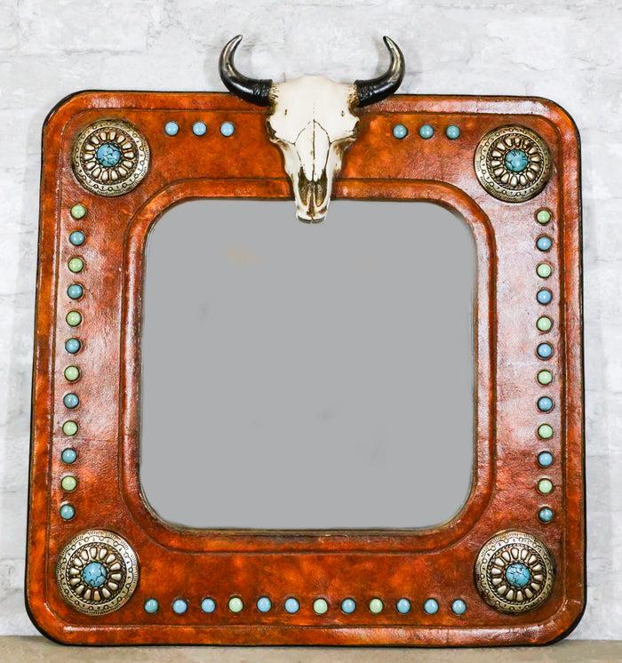 ebros gift Rustic Western Bull Cow Skull And Turquoise Silver Conchos Faux Leather Mirror