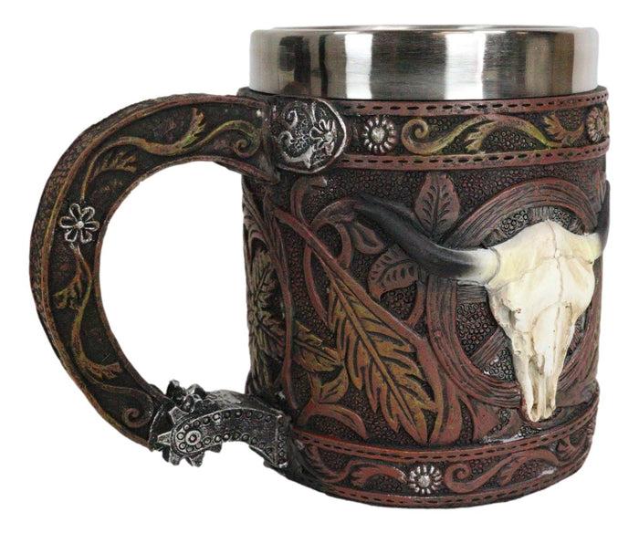 Ebros Gift Rustic Western Bull Skull Cow With Dreamcatcher Feathers Faux Tooled Leather Mug