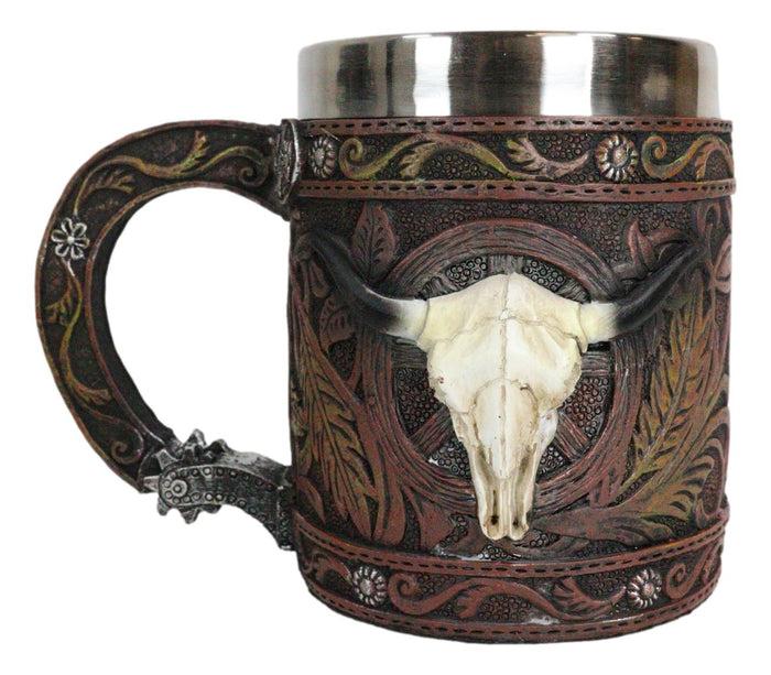 Ebros Gift Rustic Western Bull Skull Cow With Dreamcatcher Feathers Faux Tooled Leather Mug
