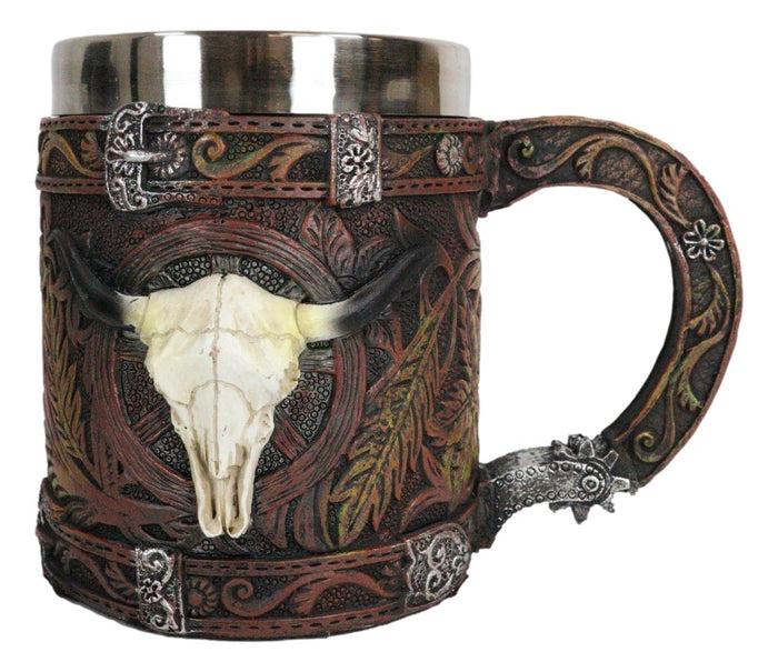 Ebros Gift Rustic Western Bull Skull Cow With Dreamcatcher Feathers Faux Tooled Leather Mug