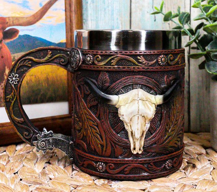 ebros gift Rustic Western Bull Skull Cow With Dreamcatcher Feathers Faux Tooled Leather Mug