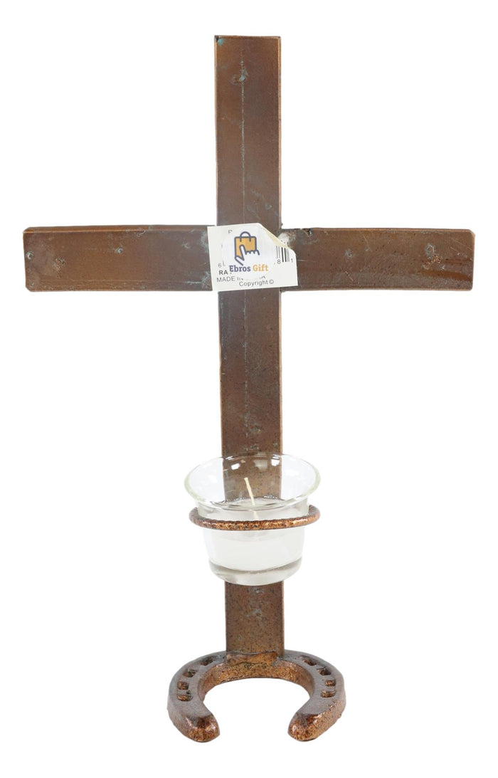 Ebros Gift Rustic Western Cast Iron Cowboy Cross Horseshoe Desktop Plaque Candle Holder