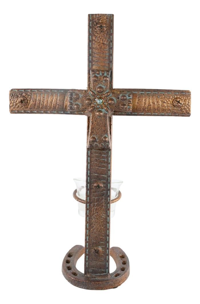 Ebros Gift Rustic Western Cast Iron Cowboy Cross Horseshoe Desktop Plaque Candle Holder