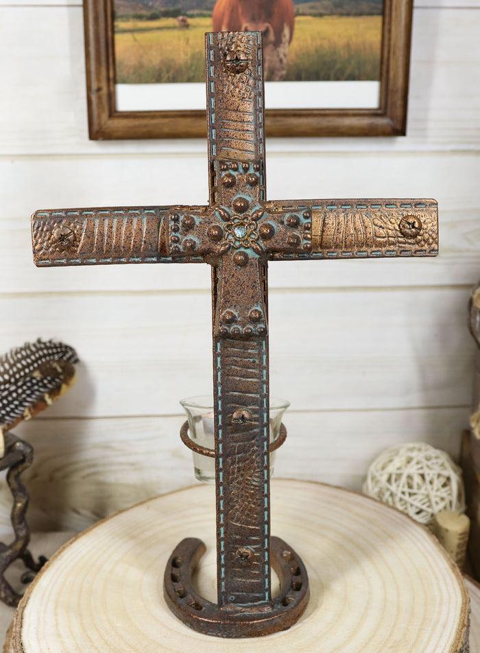 ebros gift Rustic Western Cast Iron Cowboy Cross Horseshoe Desktop Plaque Candle Holder
