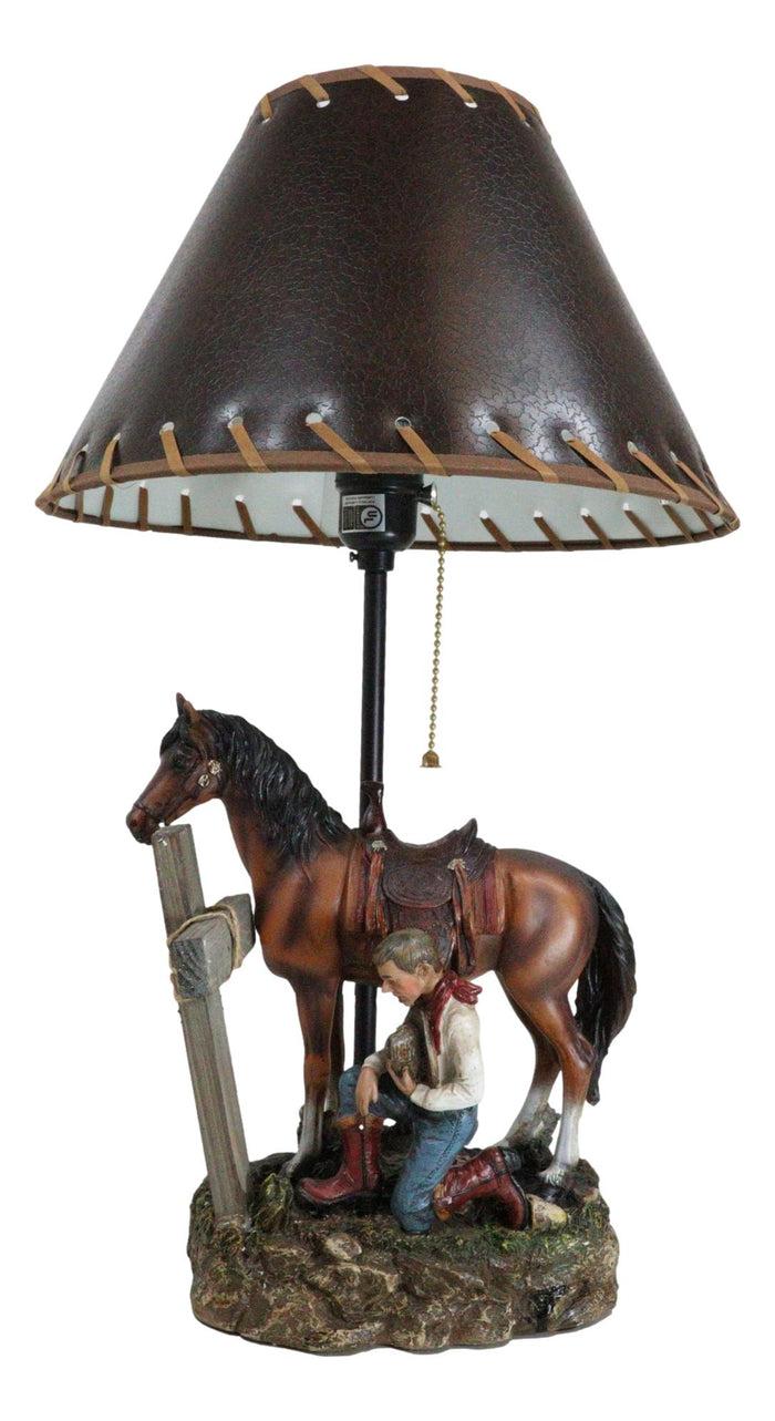 Ebros Gift Rustic Western Chestnut Horse Cowboy On Knee Praying By Cross Desktop Table Lamp