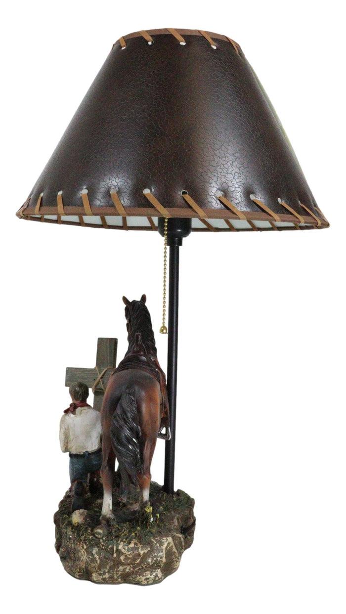 Ebros Gift Rustic Western Chestnut Horse Cowboy On Knee Praying By Cross Desktop Table Lamp