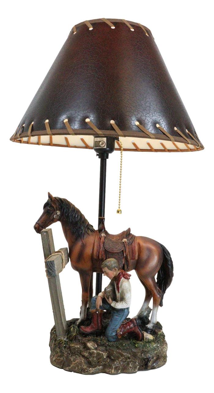 ebros gift Rustic Western Chestnut Horse Cowboy On Knee Praying By Cross Desktop Table Lamp