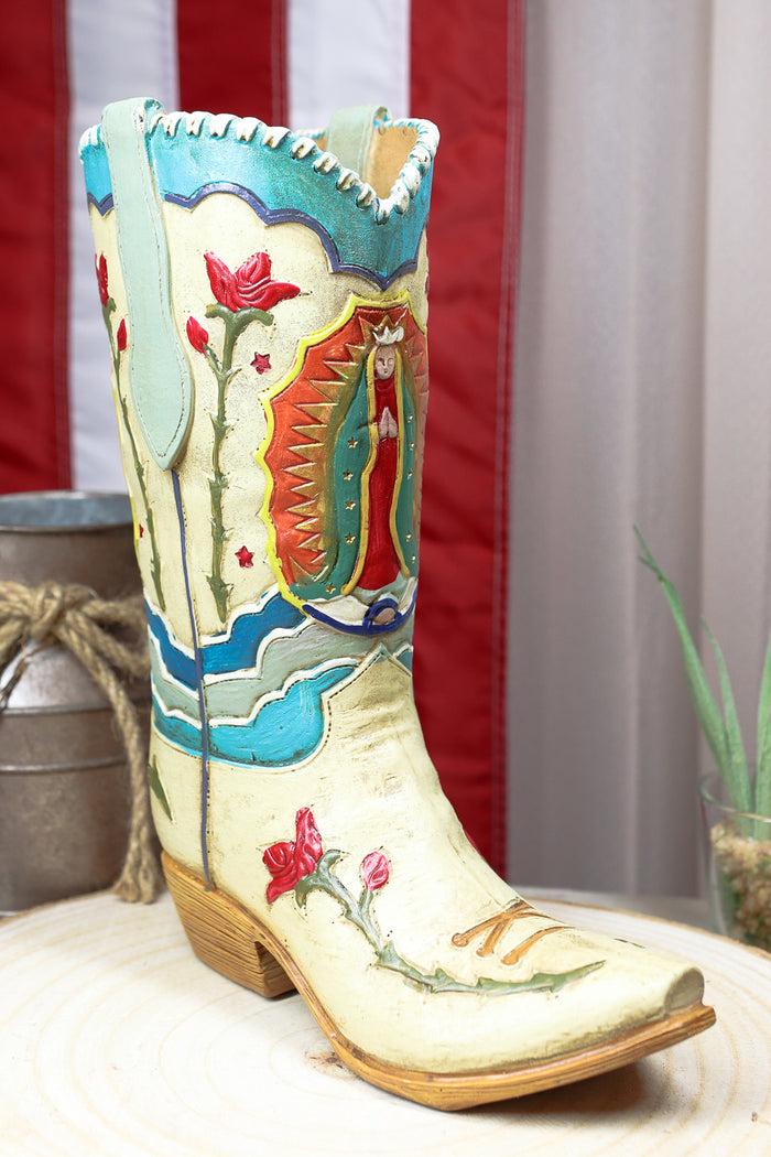 ebros gift Rustic Western Colorful Our Lady Madonna Guadalupe Cowboy Boot Vase Figurine