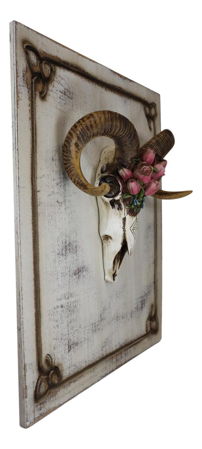 Ebros Gift Rustic Western Corsican Ram Skull With Red Tulips Wooden Wall Decor Plaque