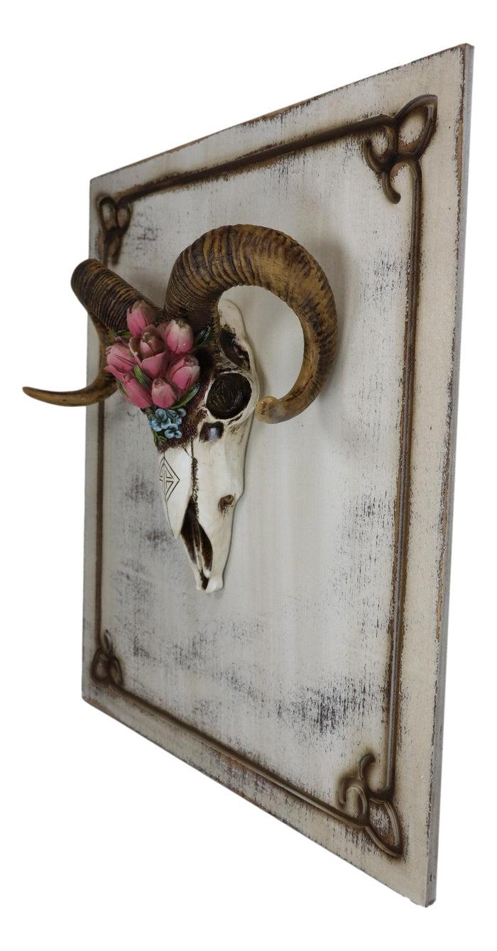 Ebros Gift Rustic Western Corsican Ram Skull With Red Tulips Wooden Wall Decor Plaque