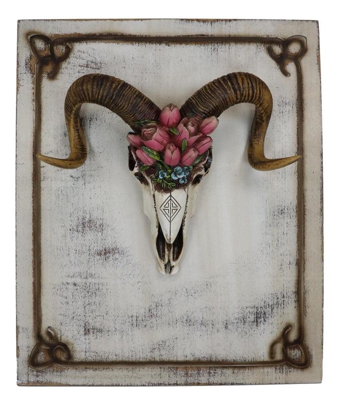 Ebros Gift Rustic Western Corsican Ram Skull With Red Tulips Wooden Wall Decor Plaque