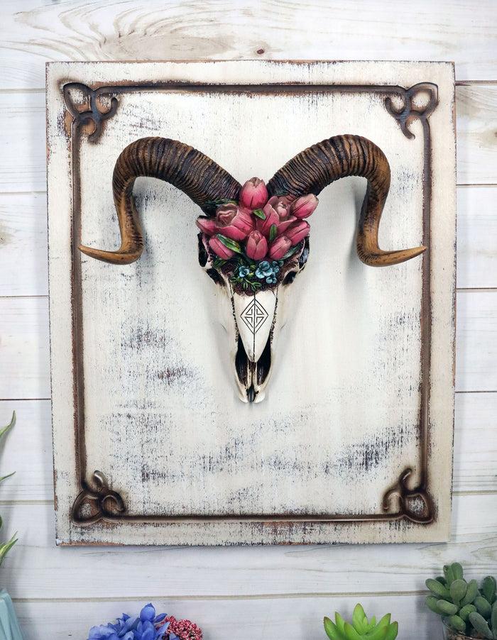ebros gift Rustic Western Corsican Ram Skull With Red Tulips Wooden Wall Decor Plaque