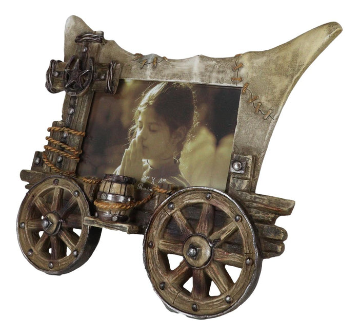 Ebros Gift Rustic Western Covered Wagon With Wheels And Horseshoe Cross 6"X4" Picture Frame