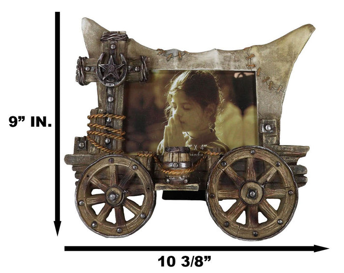 Ebros Gift Rustic Western Covered Wagon With Wheels And Horseshoe Cross 6"X4" Picture Frame