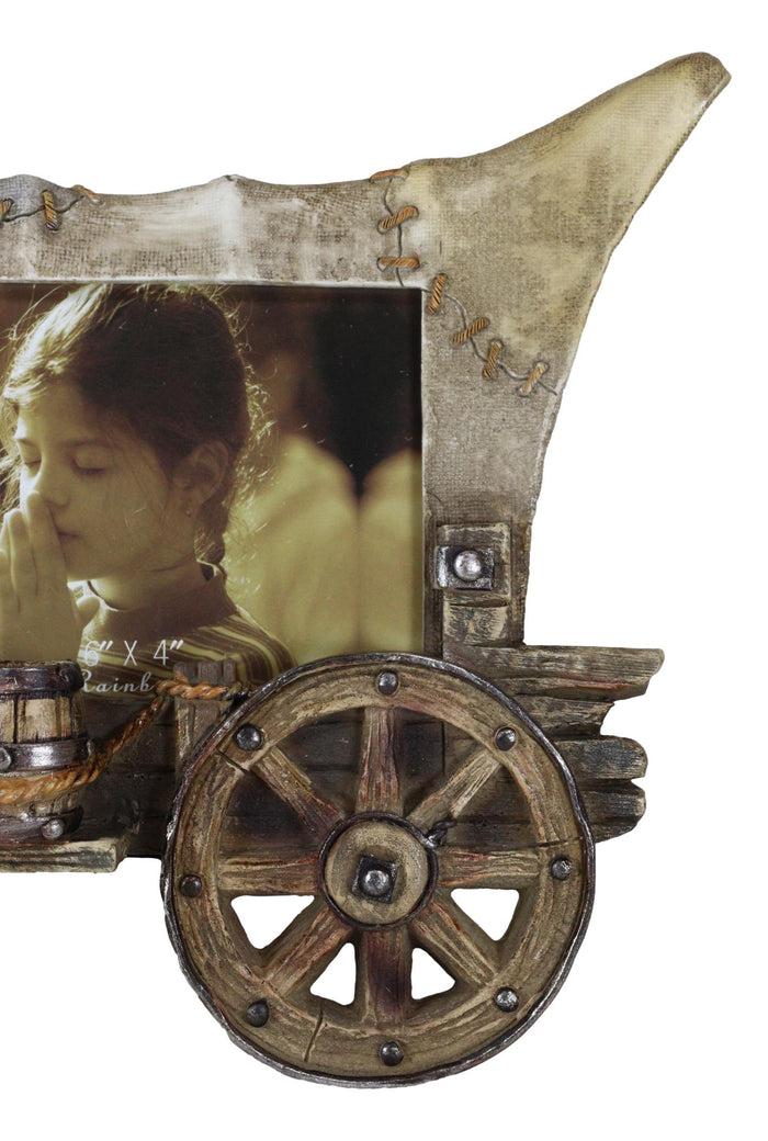 Ebros Gift Rustic Western Covered Wagon With Wheels And Horseshoe Cross 6"X4" Picture Frame