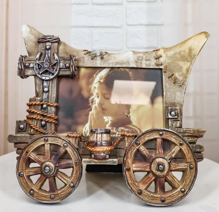 ebros gift Rustic Western Covered Wagon With Wheels And Horseshoe Cross 6"X4" Picture Frame