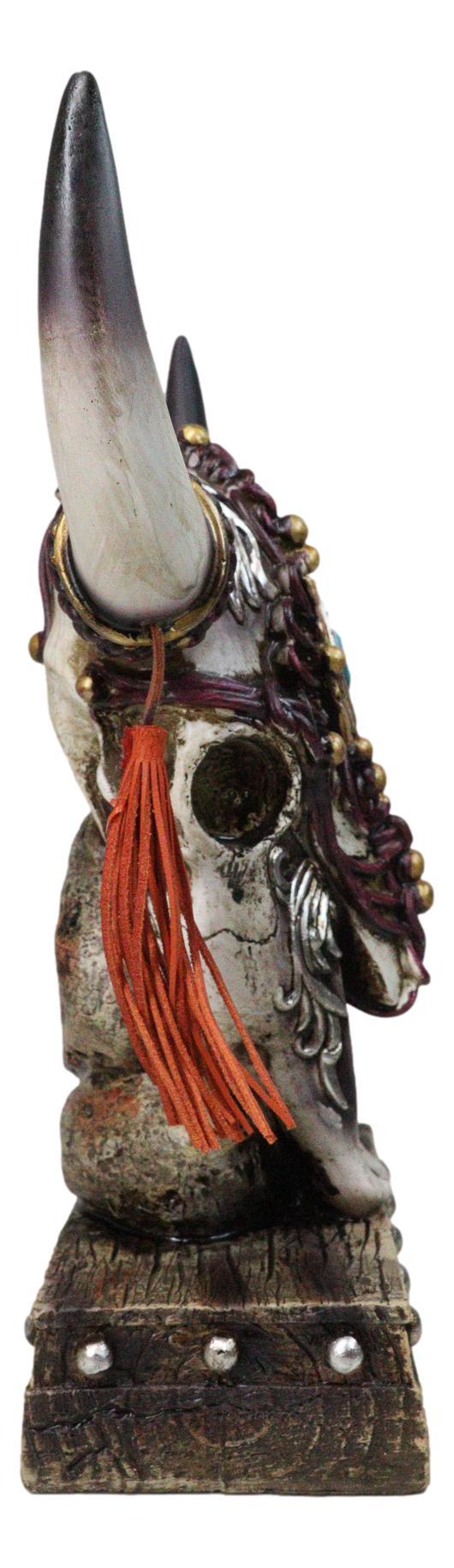 Ebros Gift Rustic Western Cow Skull Turquoise Diamond Scrollwork Tassels Trophy Figurine