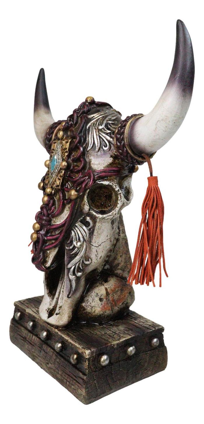 Ebros Gift Rustic Western Cow Skull Turquoise Diamond Scrollwork Tassels Trophy Figurine