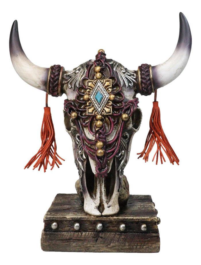 Ebros Gift Rustic Western Cow Skull Turquoise Diamond Scrollwork Tassels Trophy Figurine