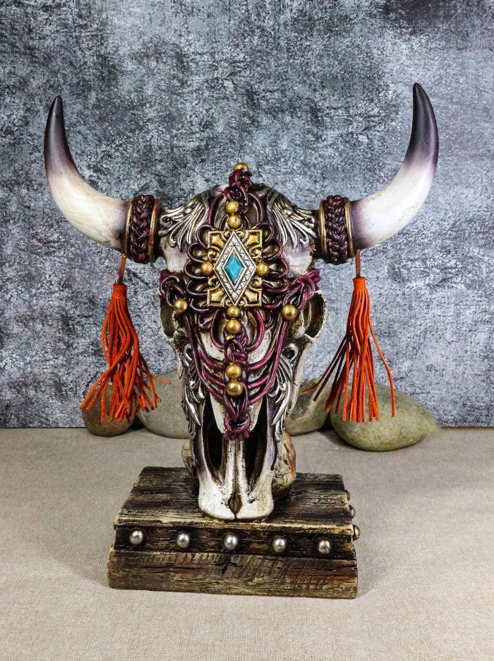 ebros gift Rustic Western Cow Skull Turquoise Diamond Scrollwork Tassels Trophy Figurine