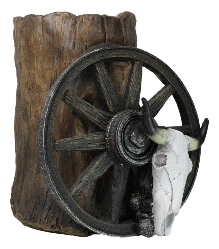 Ebros Gift Rustic Western Cow Skull Wagon Wheel By Tree Trunk Decorative Planter Or Vase