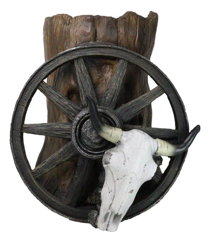 Ebros Gift Rustic Western Cow Skull Wagon Wheel By Tree Trunk Decorative Planter Or Vase