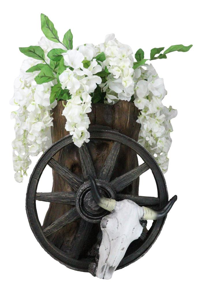 ebros gift Rustic Western Cow Skull Wagon Wheel By Tree Trunk Decorative Planter Or Vase