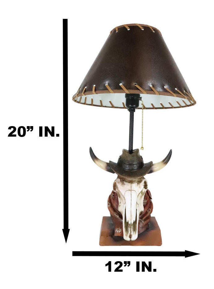 Ebros Gift Rustic Western Cow Skull With Cowboy Hat And Red Scarf Table Lamp With Shade