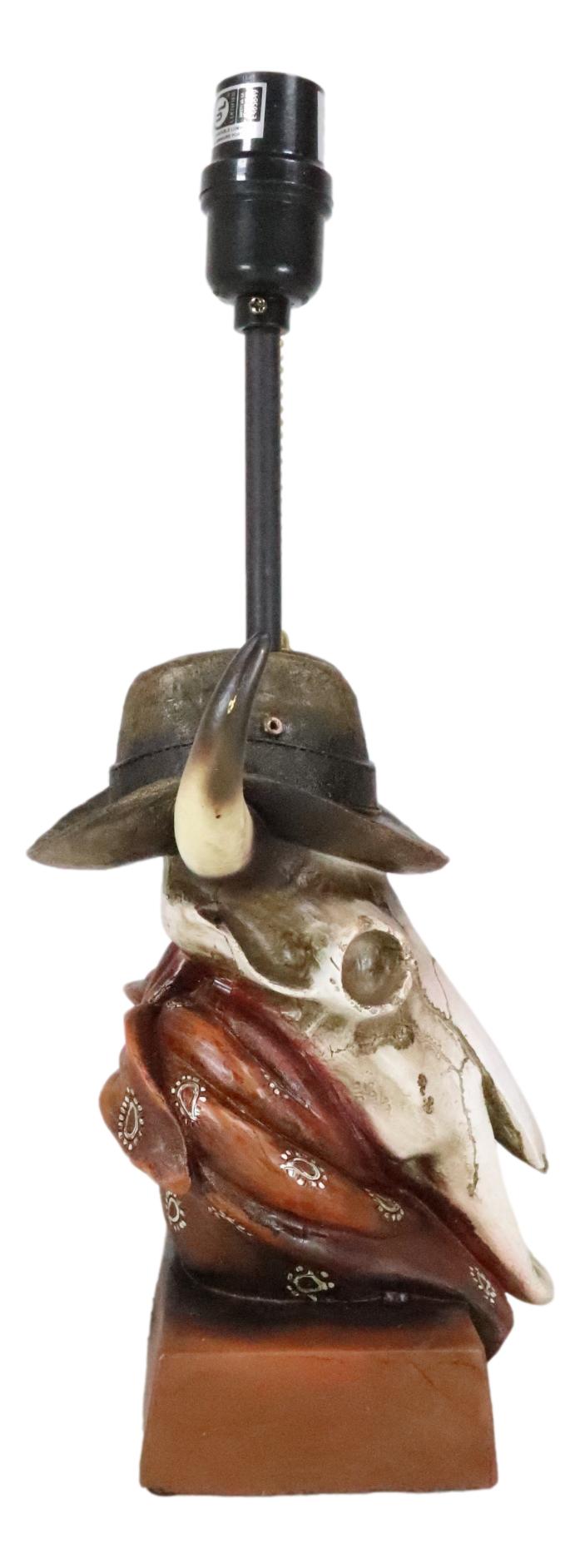 Ebros Gift Rustic Western Cow Skull With Cowboy Hat And Red Scarf Table Lamp With Shade