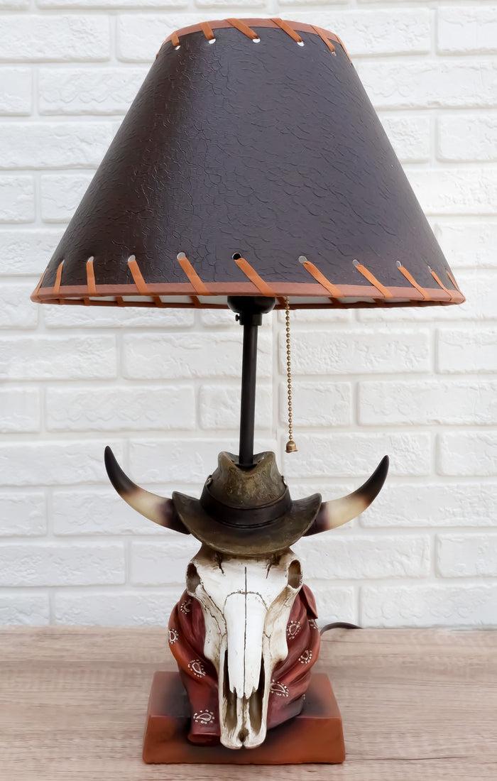 ebros gift Rustic Western Cow Skull With Cowboy Hat And Red Scarf Table Lamp With Shade