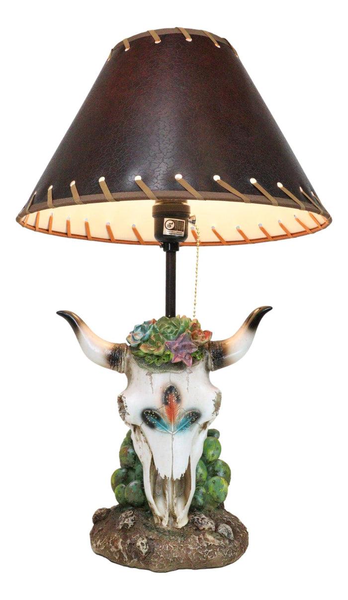 Ebros Gift Rustic Western Cow Skull With Floral Succulents Feathers And Cactus Table Lamp