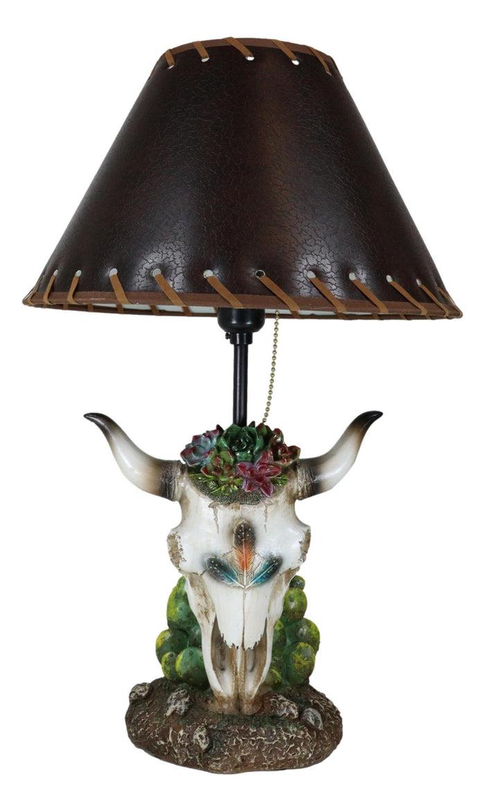 Ebros Gift Rustic Western Cow Skull With Floral Succulents Feathers And Cactus Table Lamp