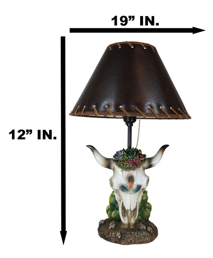 Ebros Gift Rustic Western Cow Skull With Floral Succulents Feathers And Cactus Table Lamp