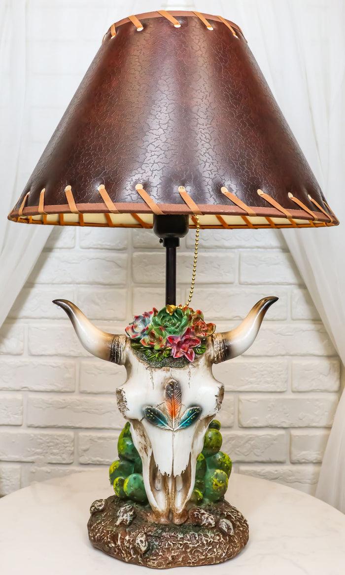 ebros gift Rustic Western Cow Skull With Floral Succulents Feathers And Cactus Table Lamp