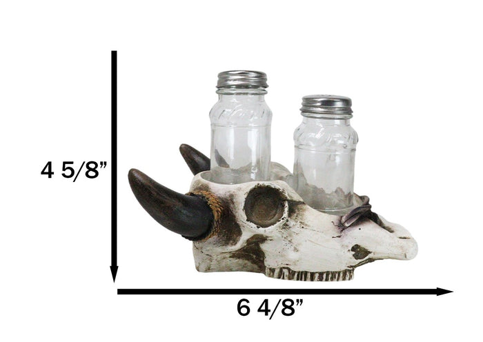 Ebros Gift Rustic Western Cow Skull With Roped Horns Salt Pepper Glass Shakers & Holder Set
