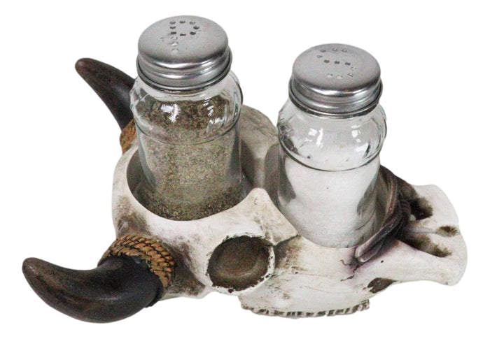 Ebros Gift Rustic Western Cow Skull With Roped Horns Salt Pepper Glass Shakers & Holder Set