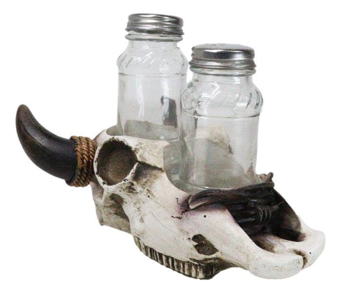 Ebros Gift Rustic Western Cow Skull With Roped Horns Salt Pepper Glass Shakers & Holder Set