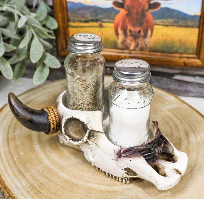 ebros gift Rustic Western Cow Skull With Roped Horns Salt Pepper Glass Shakers & Holder Set