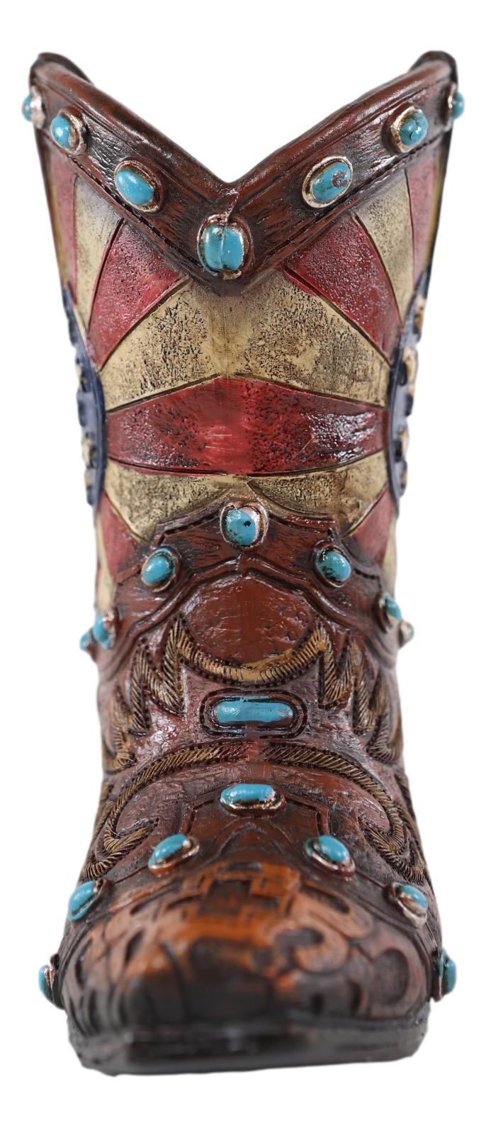 Ebros Gift Rustic Western Cowboy American Flag Turquoise Rocks Boot Pen Holder Figurine