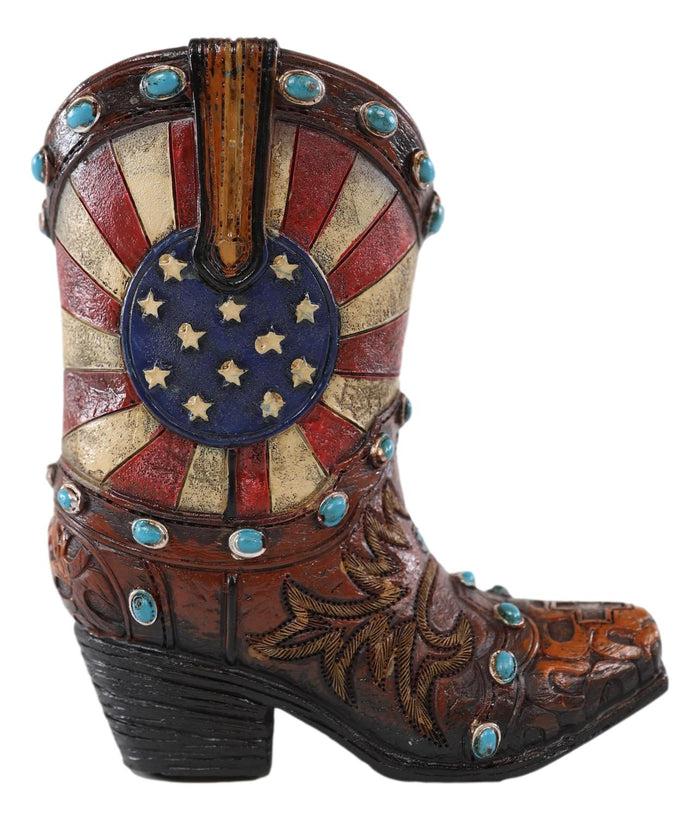 Ebros Gift Rustic Western Cowboy American Flag Turquoise Rocks Boot Pen Holder Figurine