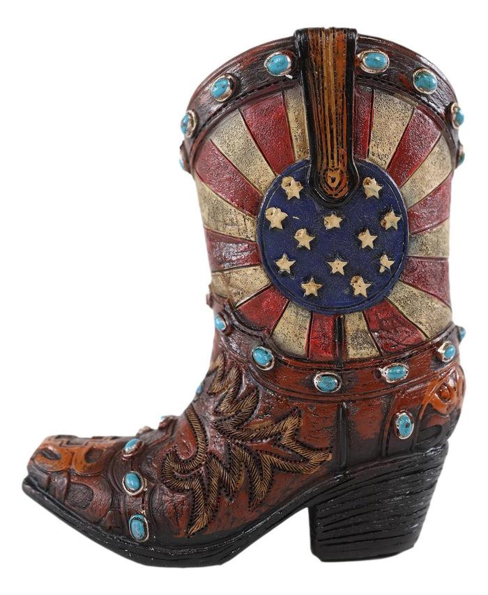 Ebros Gift Rustic Western Cowboy American Flag Turquoise Rocks Boot Pen Holder Figurine