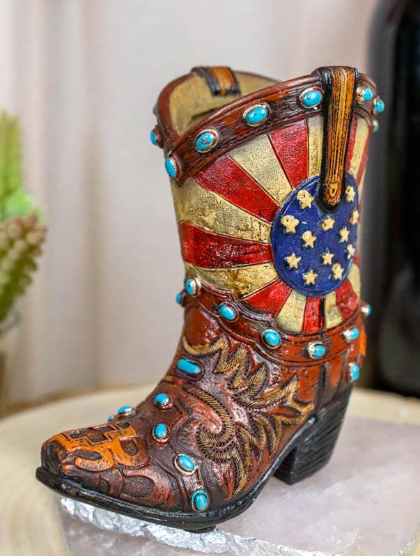 ebros gift Rustic Western Cowboy American Flag Turquoise Rocks Boot Pen Holder Figurine